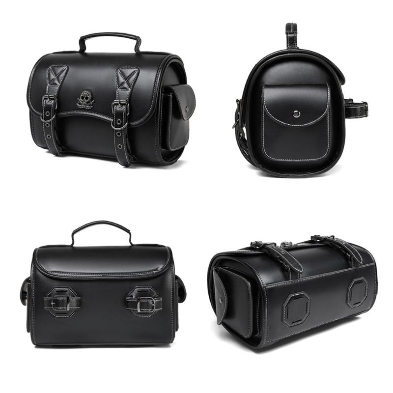 PU Side Bag Travel Luggage Storage Bag Motorcycle Tool Bag with 2 Straps Over Saddles Bag Punk Style Saddlebag Black