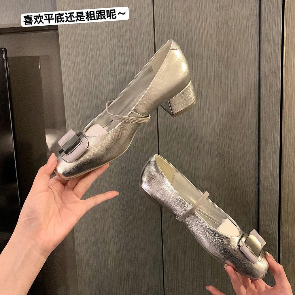 Spot second hair! Fashion versatile new square head bow thick heel Mary Jane single shoes women's flat ballet shoes spring