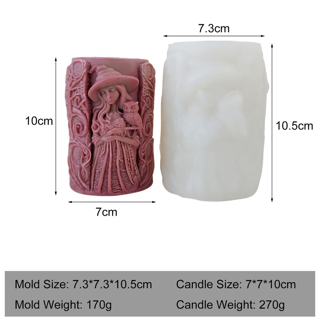 3D Relief Häxkalle Cylinder Silikon Ljusform Halloween Aromljus Gips Hartsform DIY Ljusgjutningsmaterial