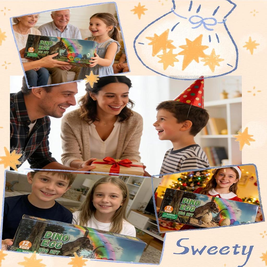 12Pack Easter Dino Egg Dig Kit, Dinosaur Excavation Toy with Tools & Learning Cards, STEM Archaeology Science Set, Easter Party