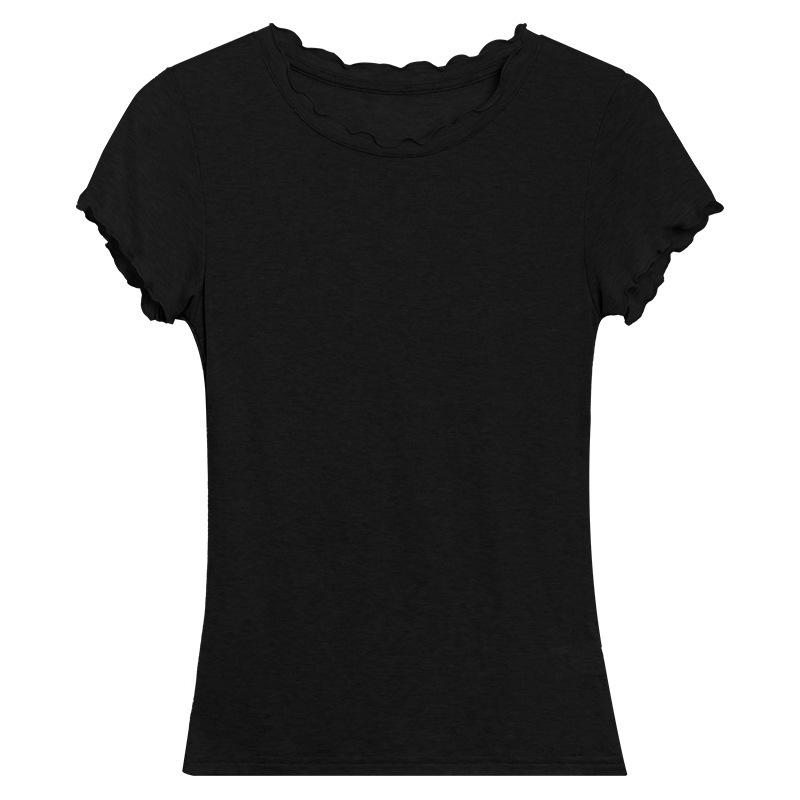 

Women s Ruffle Round Neck Lightweight Tencel Wool Short Sleeve T-Shirt Medium