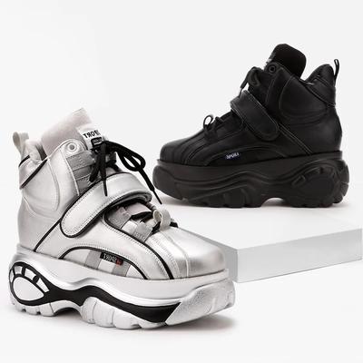 Sneakers Alte da Donna in Vera Pelle con Zeppa e Tacco Grosso, Stivaletti alla Caviglia con Plateau, Scarpe Sportive da Donna di Alta Qualità con Aumento di Altezza