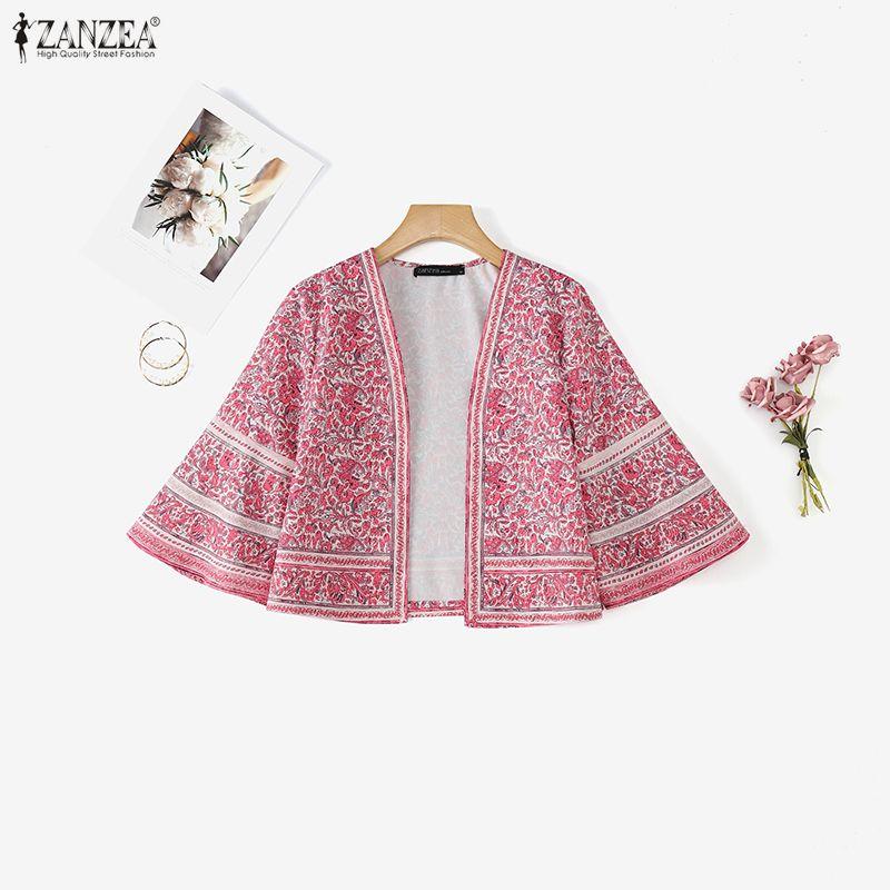 ZANZEA Womens Casual Open Front Loose Half Sleeve Bohemian Print Cardigan Cover Up Blouse