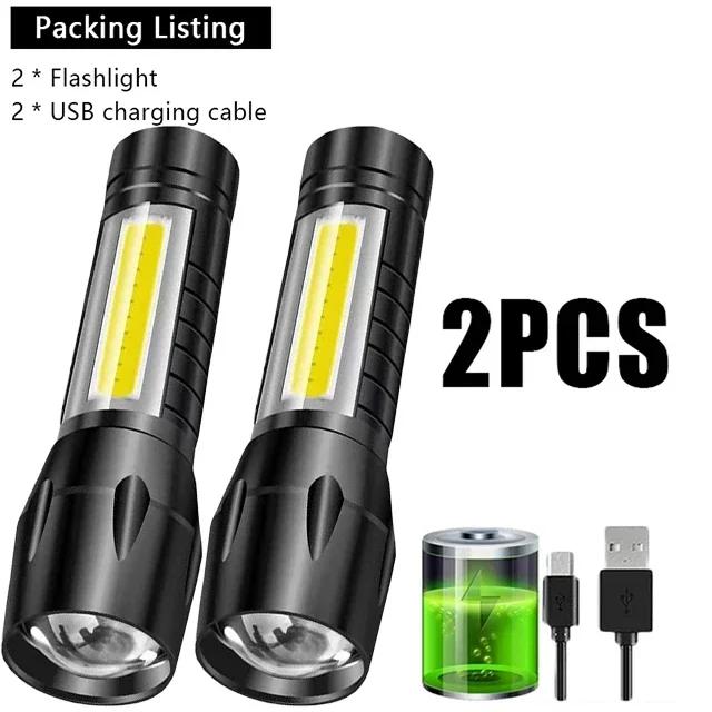 Mini Portable LED Flashlight USB Rechargeable Small Pocket Light Built In Battery Fixed Focus Zoomable Camping Searching Lantern