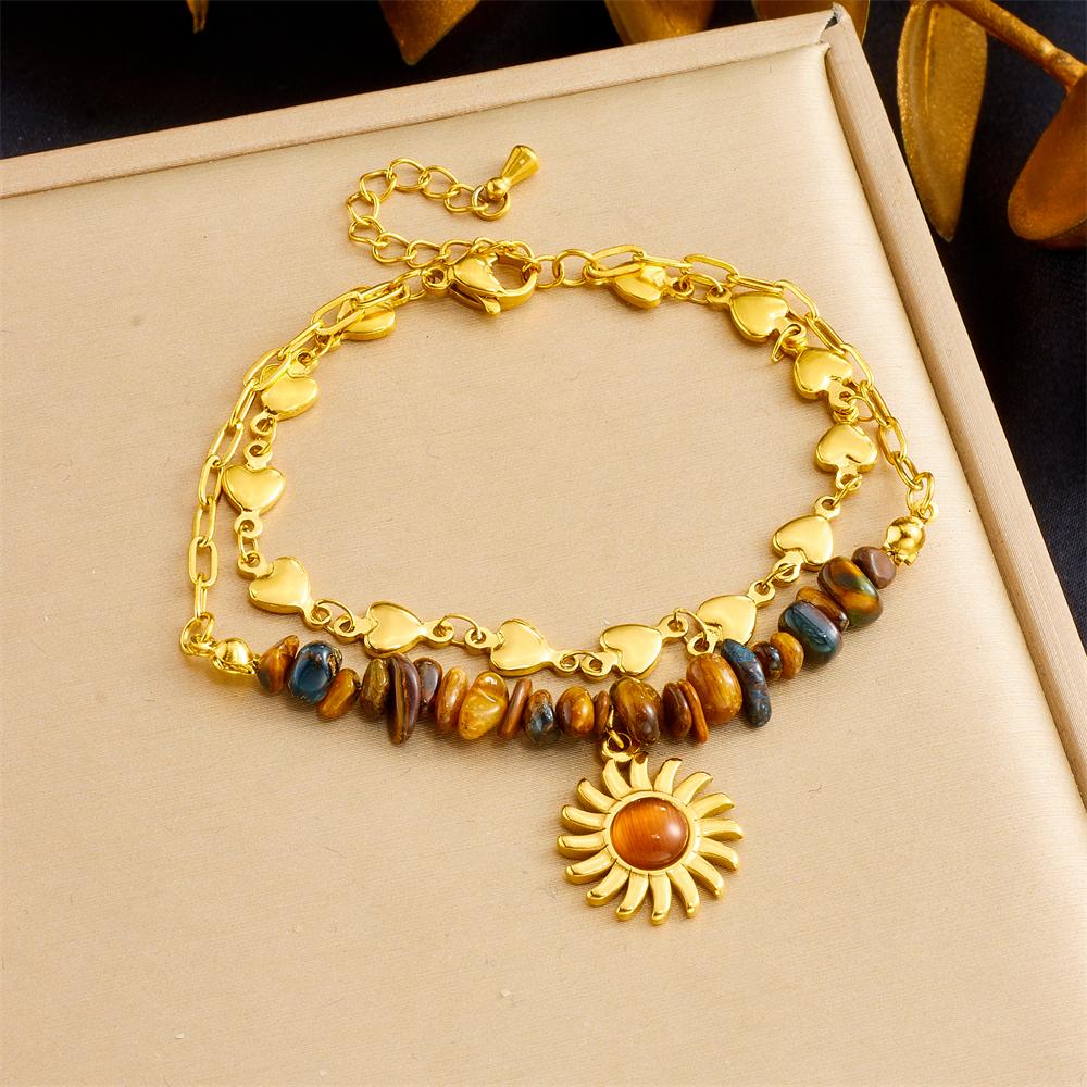 Stainless Steell Maillard Sun Flower Heart Bilayer Bracelet Women Hand Chain Jewelry Gift
