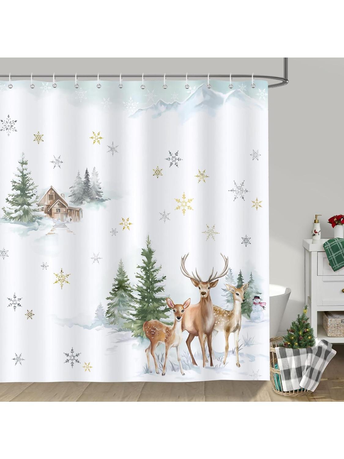 

Winter Deer Shower Curtain, Snowy Pine Tree Cabin Snowflake Christmas Bathroom Curtain Polyester Fabric Waterproof Bath Curtain 90x180CM
