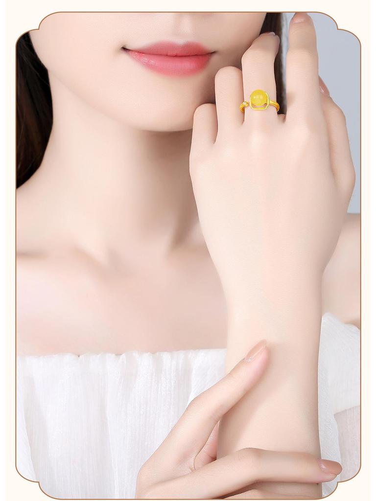 Elegant S925 Silver Amber Beeswax Adjustable Ring - Light Luxury