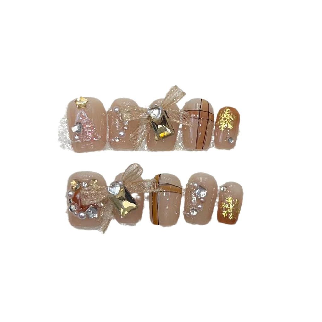 Christmas Nail Art Wear Nail Handmade Light Luxury Style Cute Wish Christmas Tree Ribbon Bow Handmade Manicure