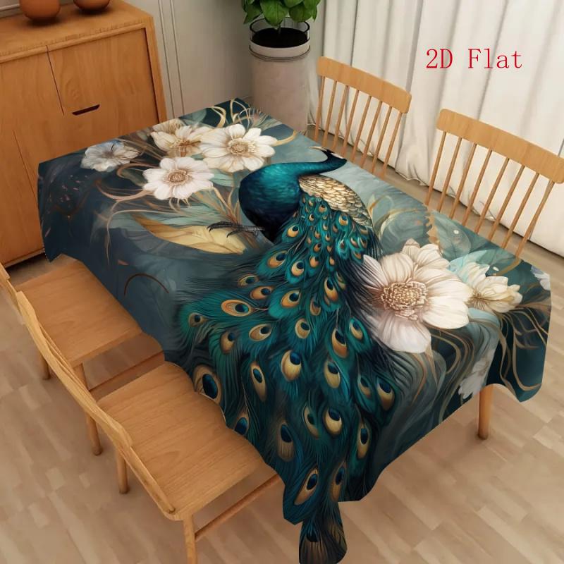 2D Flat 1pc Tablecloth Is Washable, Featuring Vintage Green Peacocks and Exquisite Bohemian Floral Designs, Perfect for Picnics, Camping, Weddings, Bi