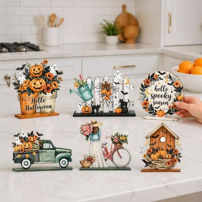 Festive Holiday Window Displays 6Pcs Halloween Decors, Hello Table Topper Signs, Spooky Pumpkin Ghost Truck Decorative Wood Signs Tiered Tray