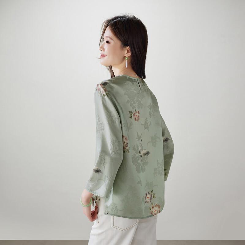 SOFSIL 2026 Frühling Neues Chinesisches Design Blumendruck Seide Langarm Rundhals Bluse