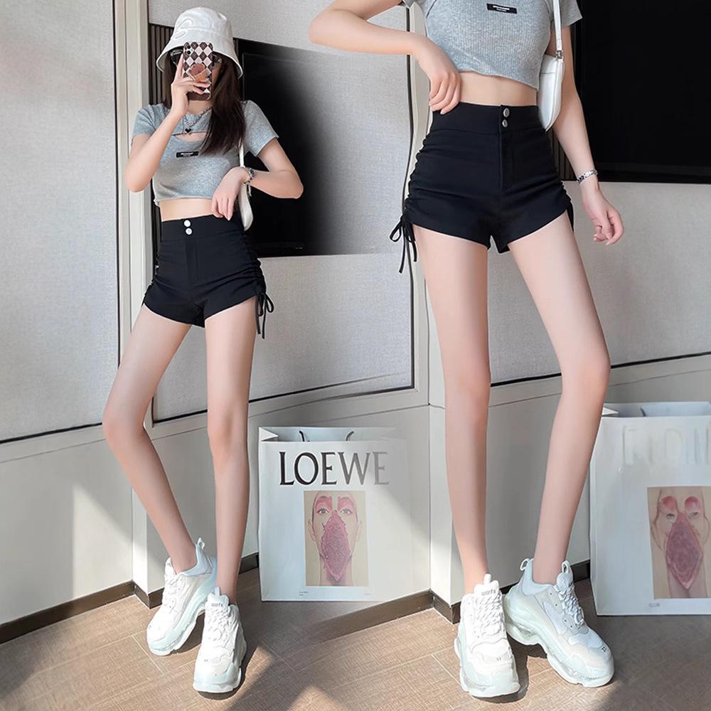 Women's High-Waisted Black Drawstring Shorts - Summer 2025 Slim Fit Trendy Style