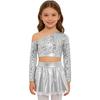 Kids Girls Jazz Dance Costume One Shoulder Long Sleeve Sequins Top with Elastic Waistband Metallic Tutu Skirt for Performance Competition