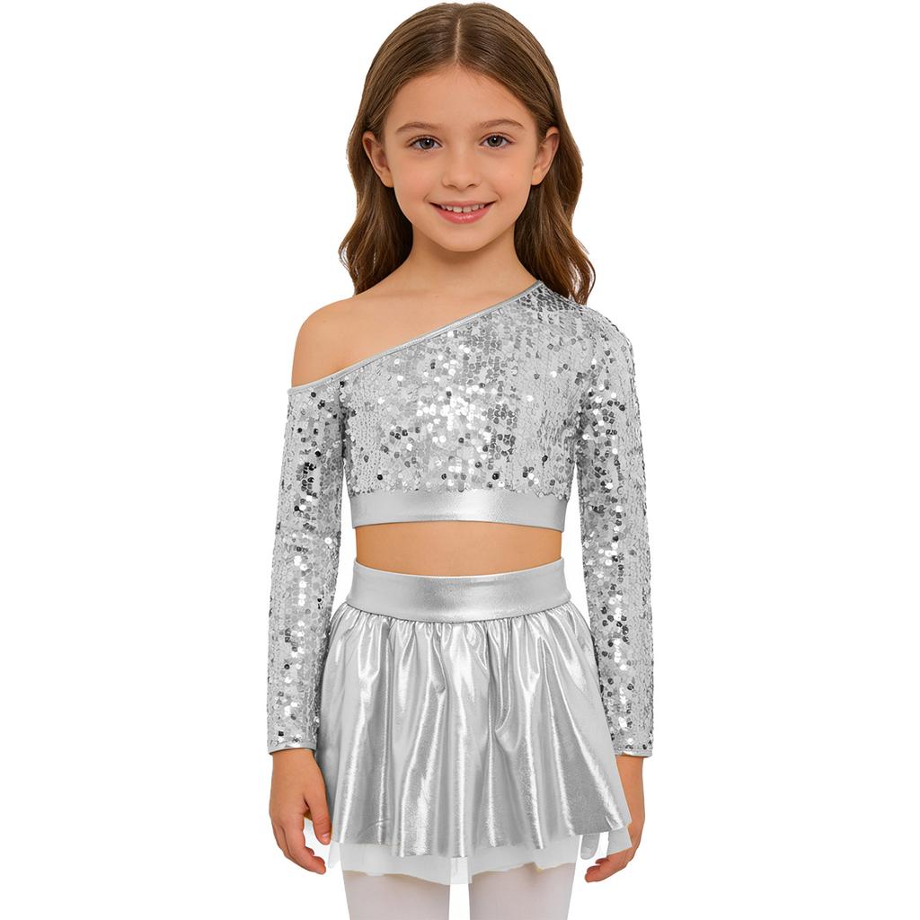 Kids Girls Jazz Dance Costume One Shoulder Long Sleeve Sequins Top with Elastic Waistband Metallic Tutu Skirt for Performance Competition