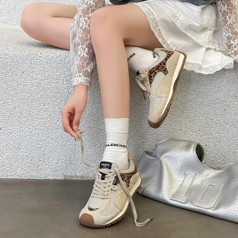 Damen Herbst Neu Leder Mesh Atmungsaktiv Leicht Flache Sohle Bequem Lässig Sport Waffelschuhe