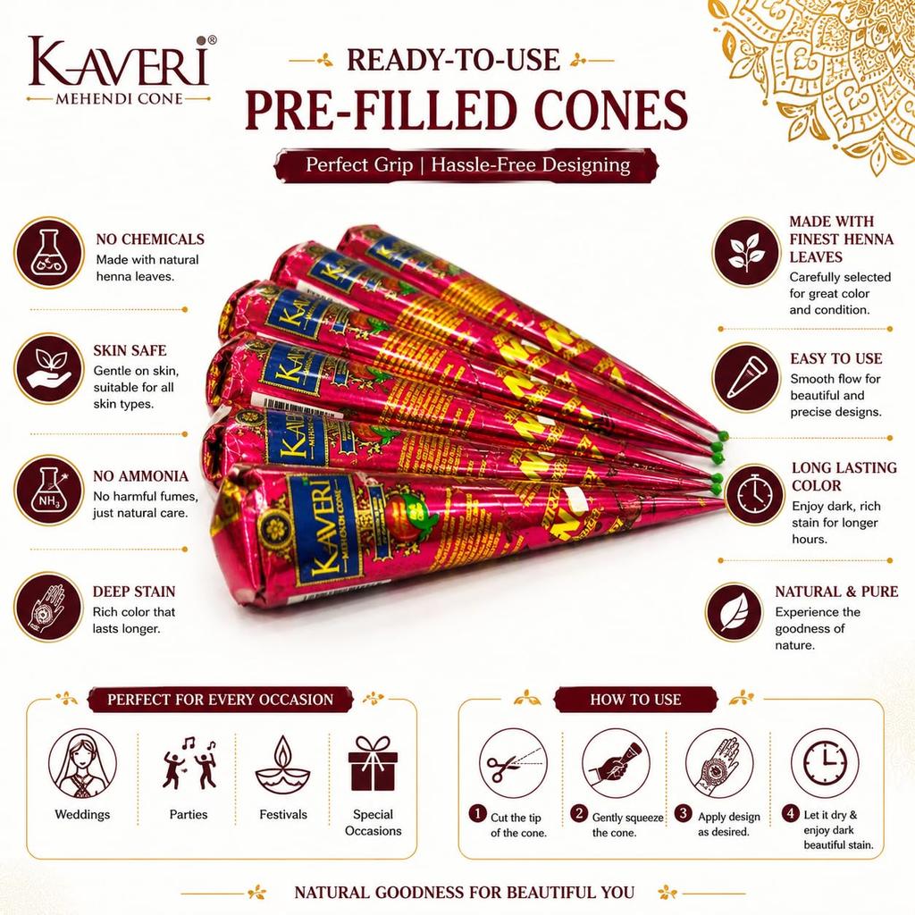 Kaveri Natürliche Henna Mehandi Kegel Für Hand- und Haarkunst Traditionelle Rajasthani Paste Für Brauthochzeitsgebrauch 24er Pack