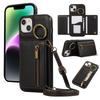 For iPhone 14/13 Leather Back Cover Zipper Wallet Kickstand Phone Case with Shoulder Strap