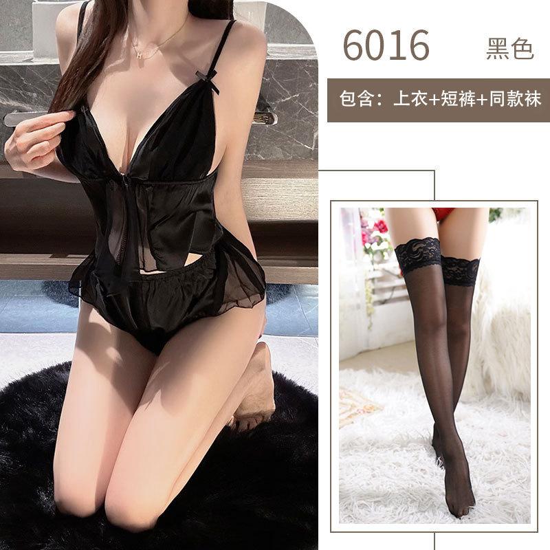 Sex Sexy Underwear Women's Summer Ice Silk Thin Sex Fun Front Open Lace Perspective Set