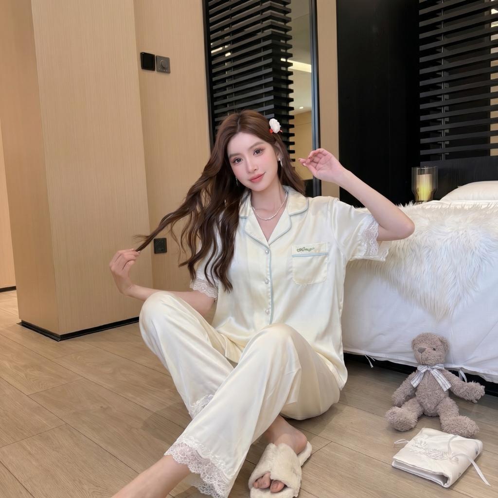 Ice silk women's homewear solid color embroidered lace short-sleeved pajamas gentle girly style home pajamas set