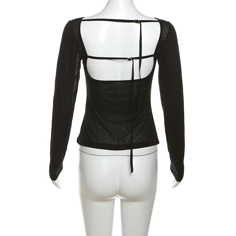 Dámské podzimní topy s dlouhým rukávem a výstřihem přes rameno, elastické, sexy, slim, bez zad, trička, dámské, nová móda, šněrovací, jednobarevné topy, trička