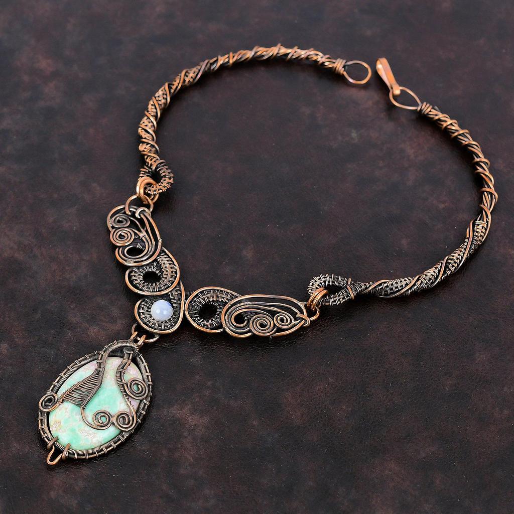 Variscite Necklace Copper Wire Wrapped Gemstone Necklace Moonstone Necklace Copper Jewelry Handmade Necklace Wire Wrap Jewelry Gift For Wife