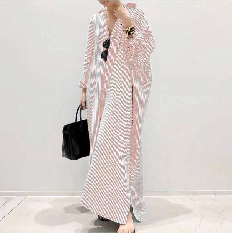 New European & American Women's Plus Size Striped Long Nightgown - Breathable & Loose Homewear