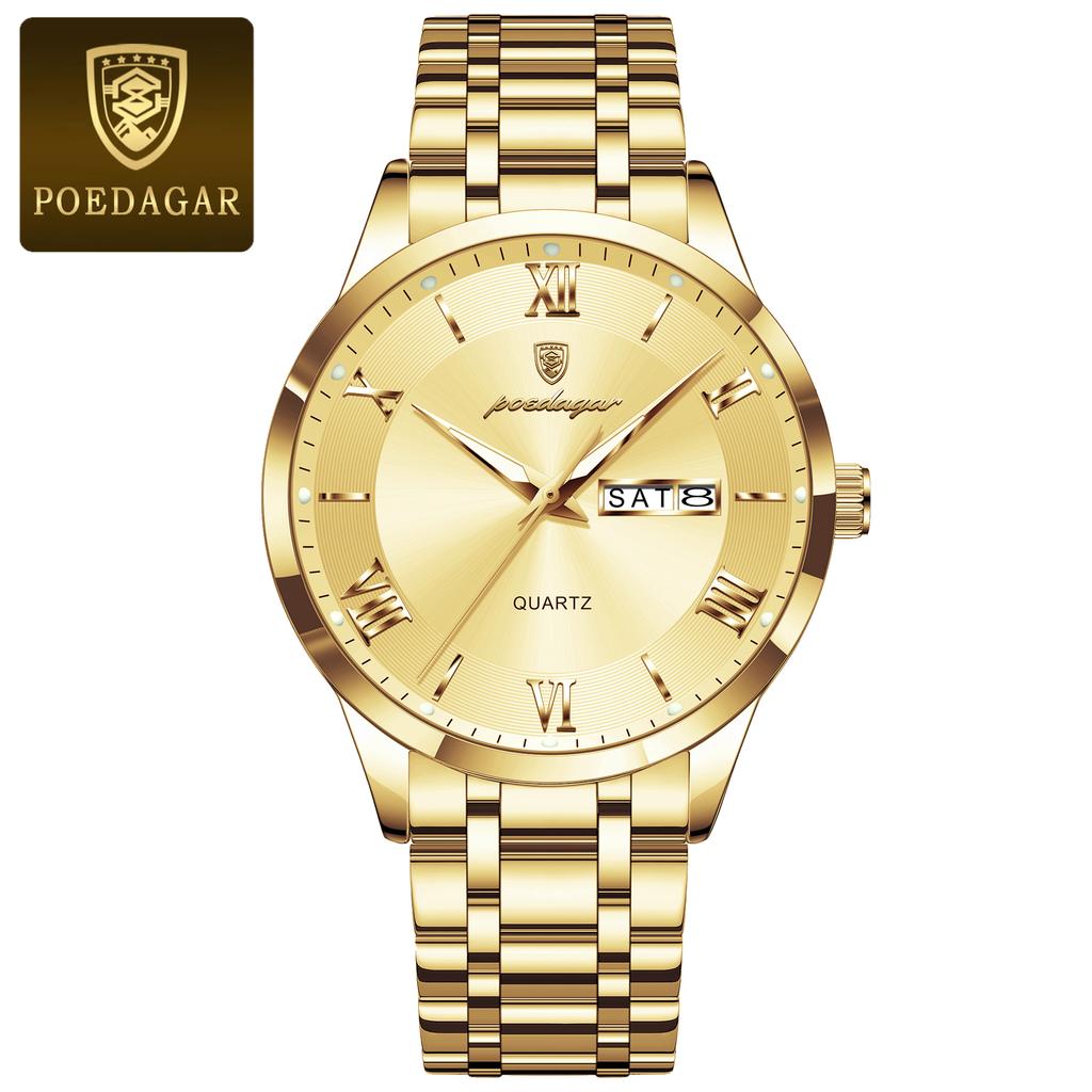 POEDAGAR Luxury Fashion Men Clock Waterproof Luminous Week Date Sports Wristwatch Stainless Steel Quartz Watches Reloj