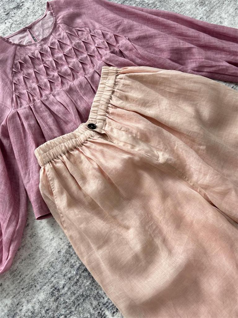 2024 Summer Arrival: Women's Shrimp Pink Tulle Linen Wide-Leg Long Pants