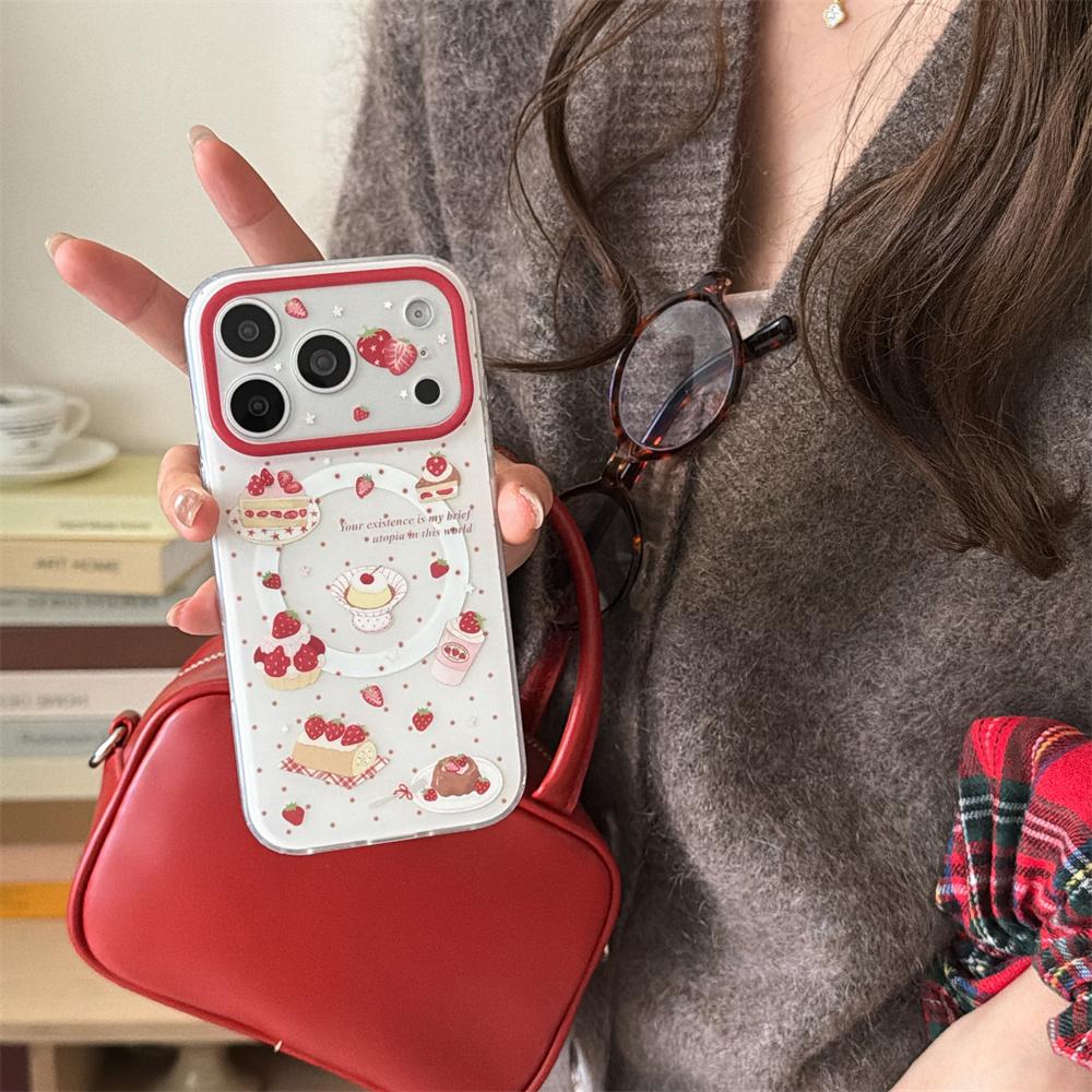 Cute Polka Dot Strawberry Magnetic Phone case for iPhone 17 Pro 13 14 15 16 Pro Max Fundas Cake Shake With Magsafe Cases For 17
