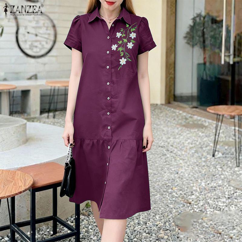 ZANZEA Women Casual Turn Down Collar Floral Print Short Sleeve Dress