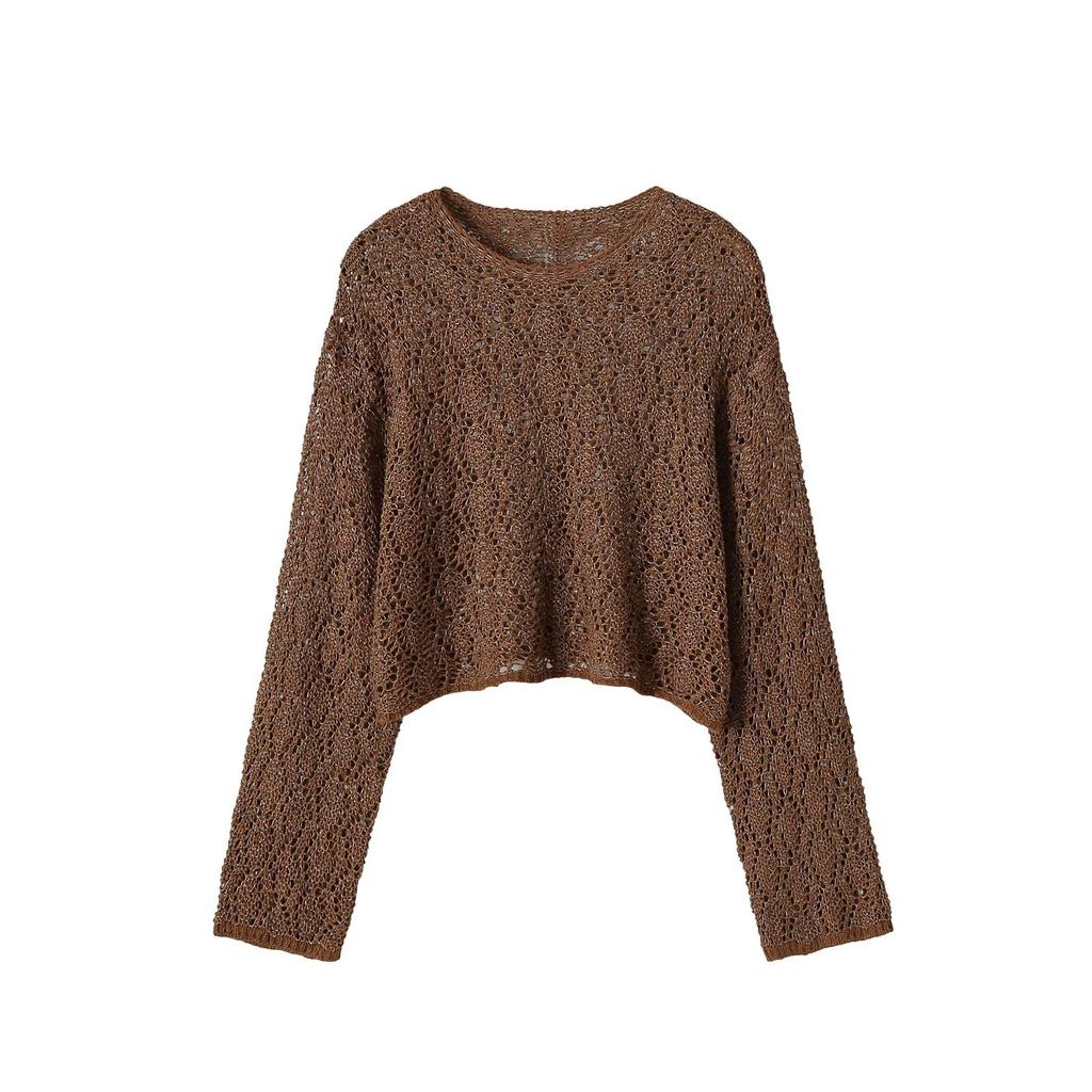 European and American style, new women's clothing, foreign style, long-sleeved one-word collar hollow knitted sweater 1822010