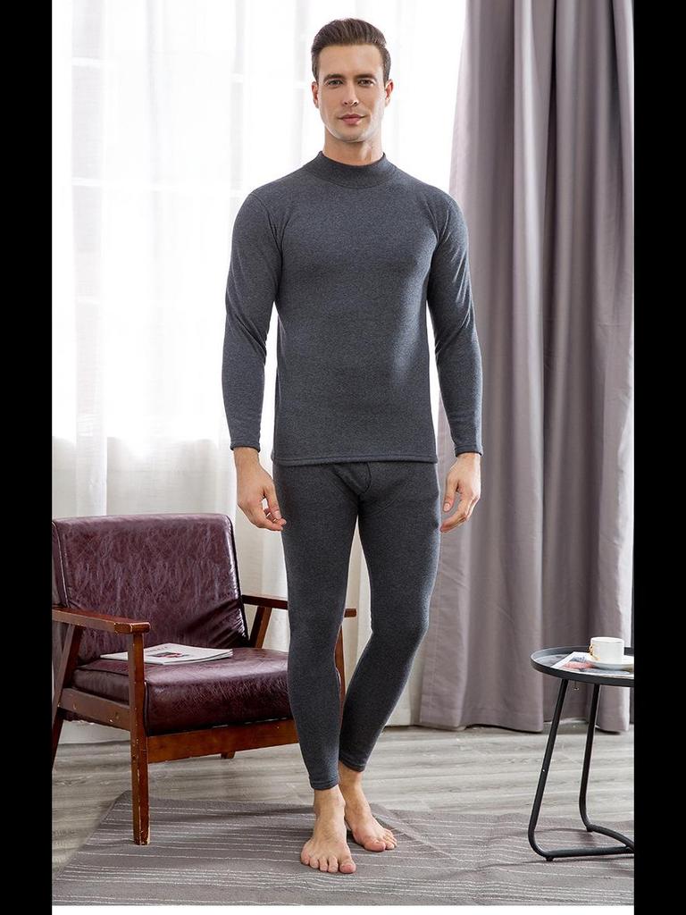 Men's Plus Velvet Thickened Thermal Underwear Set for Middle-aged and Elderly - High-collar Autumn Top and Pants