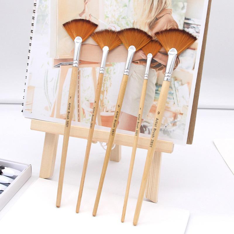 5 Pcs Sets Dual Tone Nylon Hair Paint Brushes Wooden Rod Fish Tail Fan-shaped Hand Drawn Watercolor Art Oil Painting Brushes
