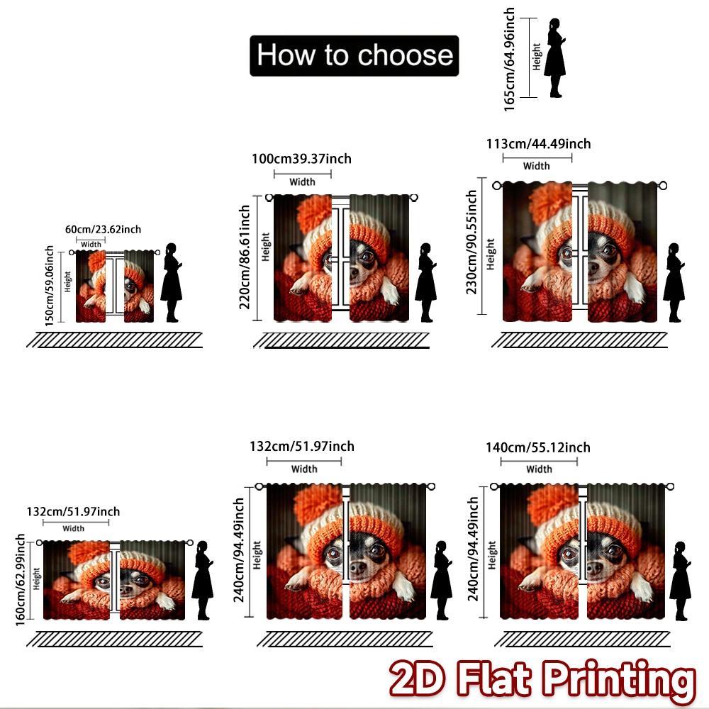 2D Flat Printing 2pcs Window Curtains Chihuahua Dogs Winter Warm Digital Printed Polyester Drapes Family Party Decoration Use