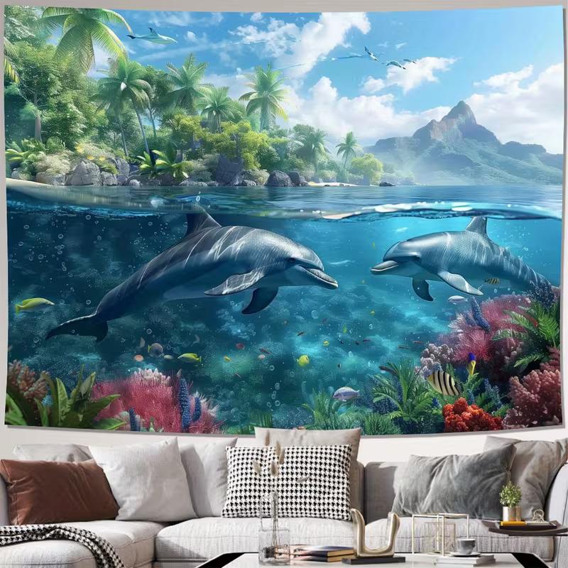 

2D Underwater Dolphins & Coral Reef Tapestry Tropical Ocean Paradise Wall Decor Cloth for Home & Bedroom 47.2x31.5inch/120*80cm