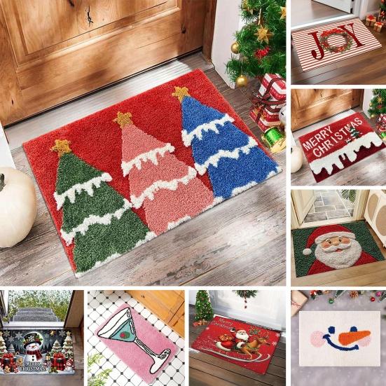 Christmas Themed Pattern Floor Mat Anti-Slip Bottom Soft Comfortable Faux Cashmere Rug Vibrant Color Door Rug