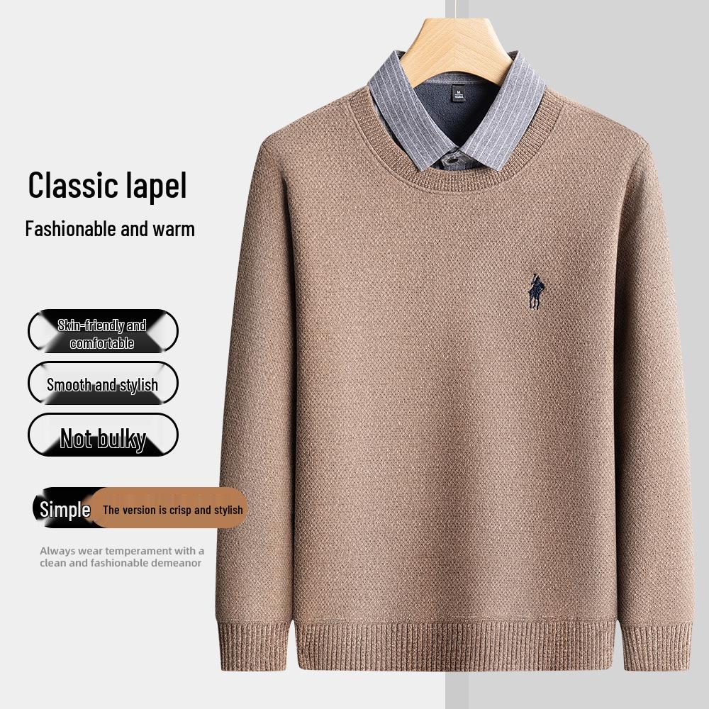 

Men s Faux Two-Piece Pullover Sweater: Autumn/Winter Casual Knitwear with Classic Embroidery for Middle-Aged Fashion. L