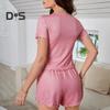 Women's Pajamas Set Short Sleeve Crew Neck Top Elastic Waist Drawstring Shorts Ruffle Lounge Set Summer 2 Piece Sleepwear Set
