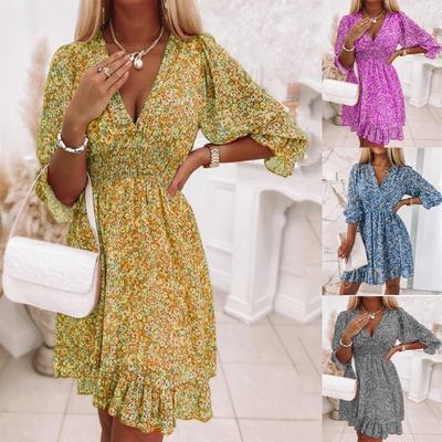 Summer Printed Dress, Loose and Fashionable V-neck Chiffon Pleated Dress