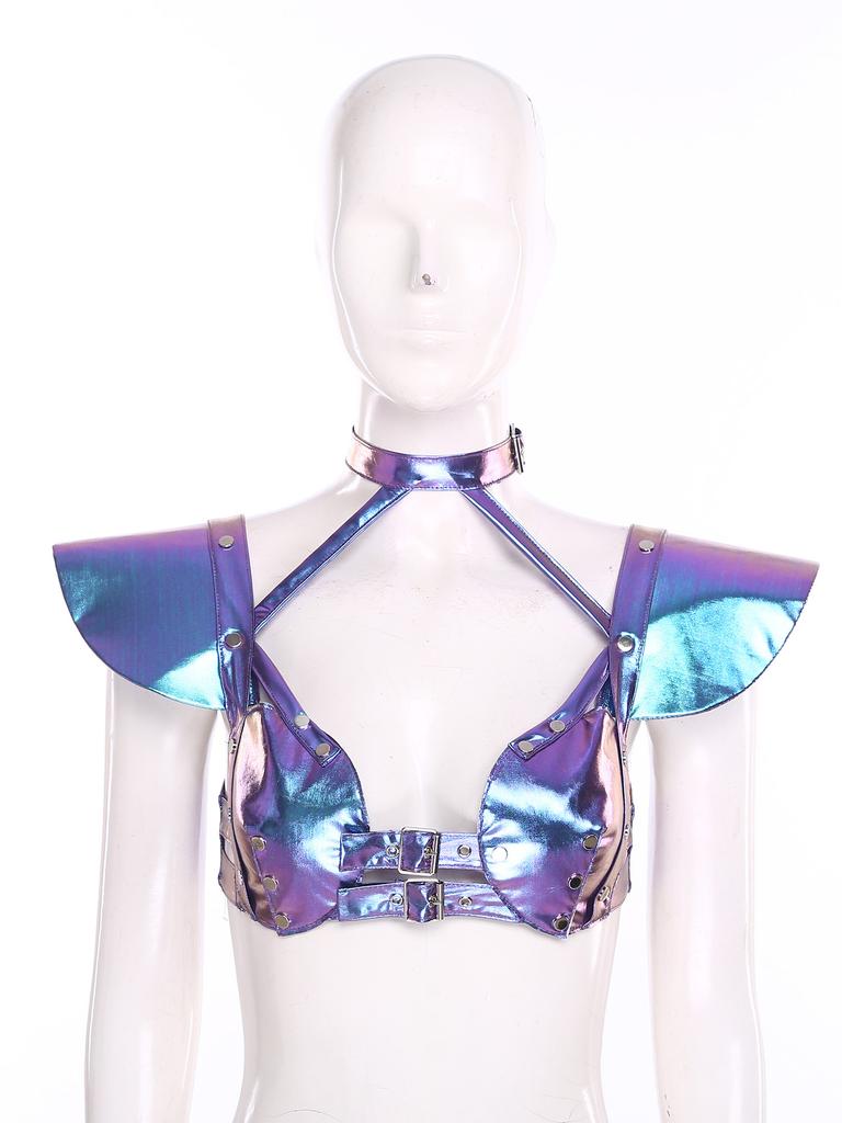 S-XXL Damen Glitzer Gothic Crop Top Neckholder Fledermausärmel Nietenbesatz Verstellbare Schnalle Korsett Bustier Schulterpanzer für Rave Club Party