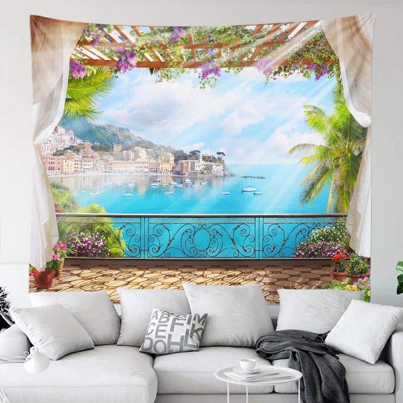 Tapestry Wall Hanging Beautiful Sea Beach Landscape    Art Bedroom Window Decoration  Background