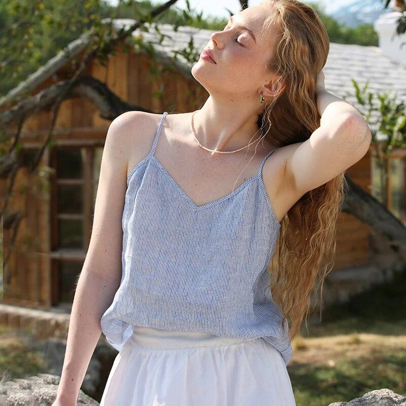 Suspender French Lazy Feeling Sky Blue Striped Vest Women V-neck Loose Sleeveless Tops Summer