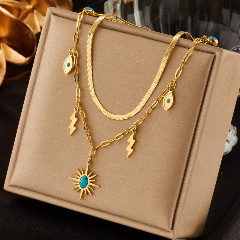 Gold Plated Stainless Steel Double Layer Evil Eye Sun Turquoise Charm Necklace золотой