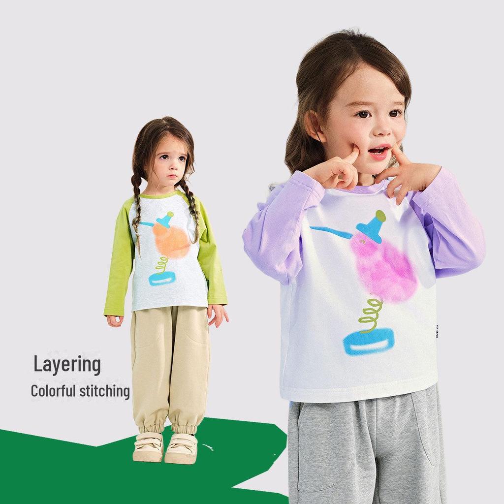 2025 Spring Kids' Round Neck Cute Long Sleeve Color Block T-Shirt