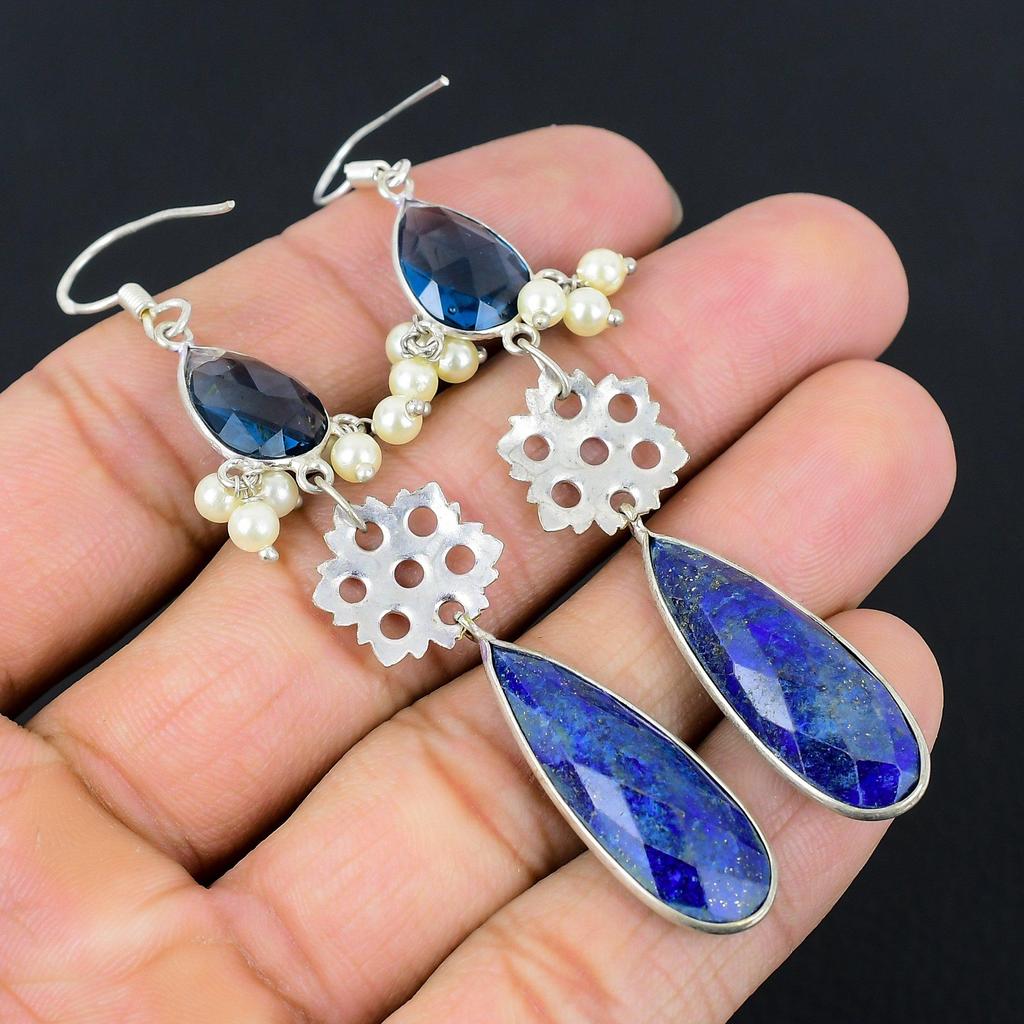Lapis Lazuli Stone Iolite Quartz Anniversary Dangle New Earrings Sterling Silver