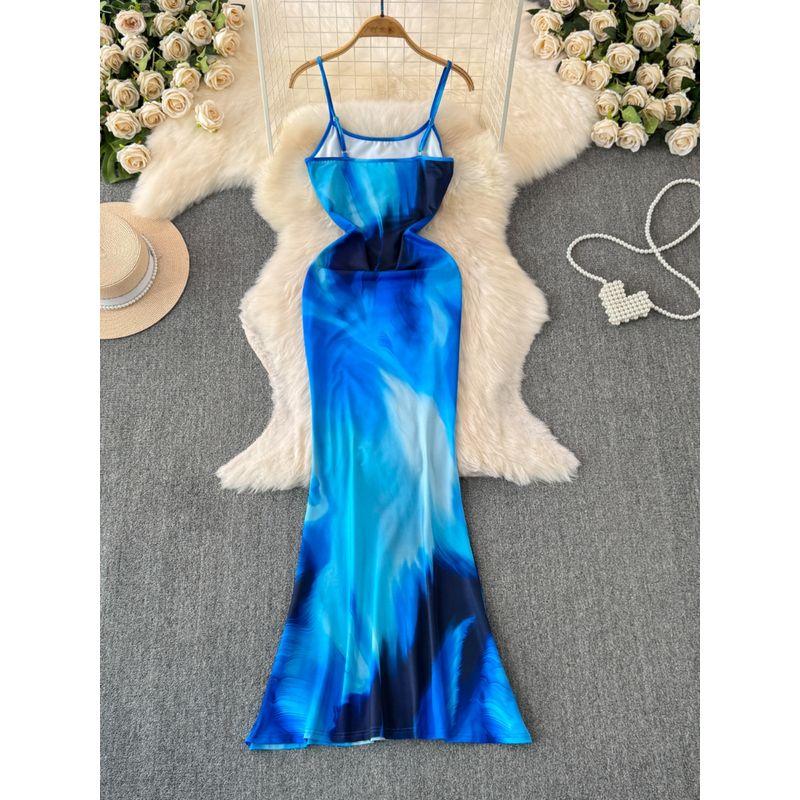 American New Arrival Fashion Abstract Printing Slip Dress Sexy Elegance Tube Top Cinched Waist Slim Looking Vacation Dress Tide
