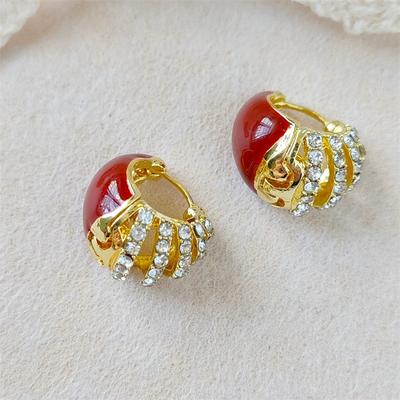 Red Double-sided Zircon Water Droplet Shaped Ear Buckle 2025 Winter Exquisite and Fashionable High-end Round Earrings for Women