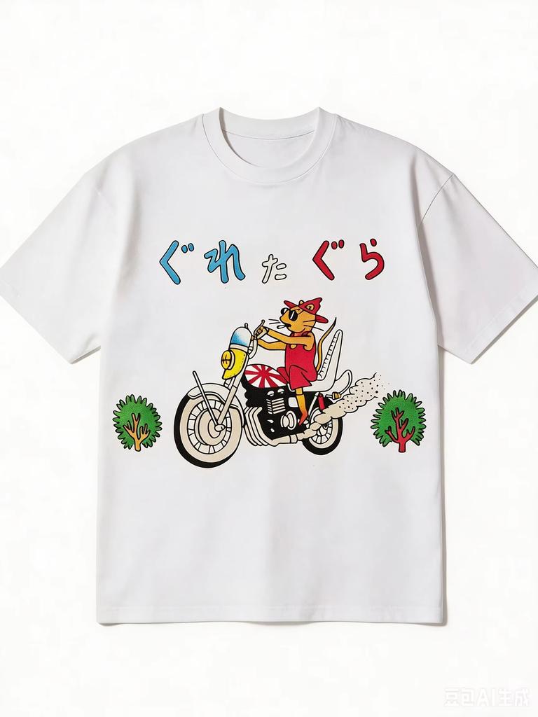 Wounisex Oversized T Shirt Japanese Cartoon Cat Riding Motorcycle Back Print Tees Harajuku Y2k Streetwear Casual Tops Unisex
