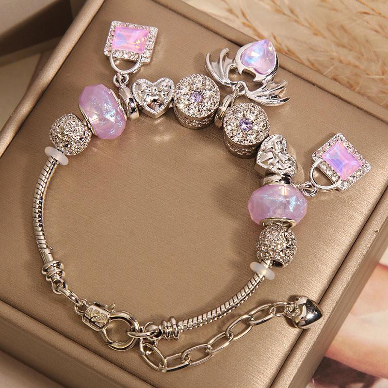 Pandora Style Heart Pendant Bracelet With Amethyst Glass Beads For Women Gift