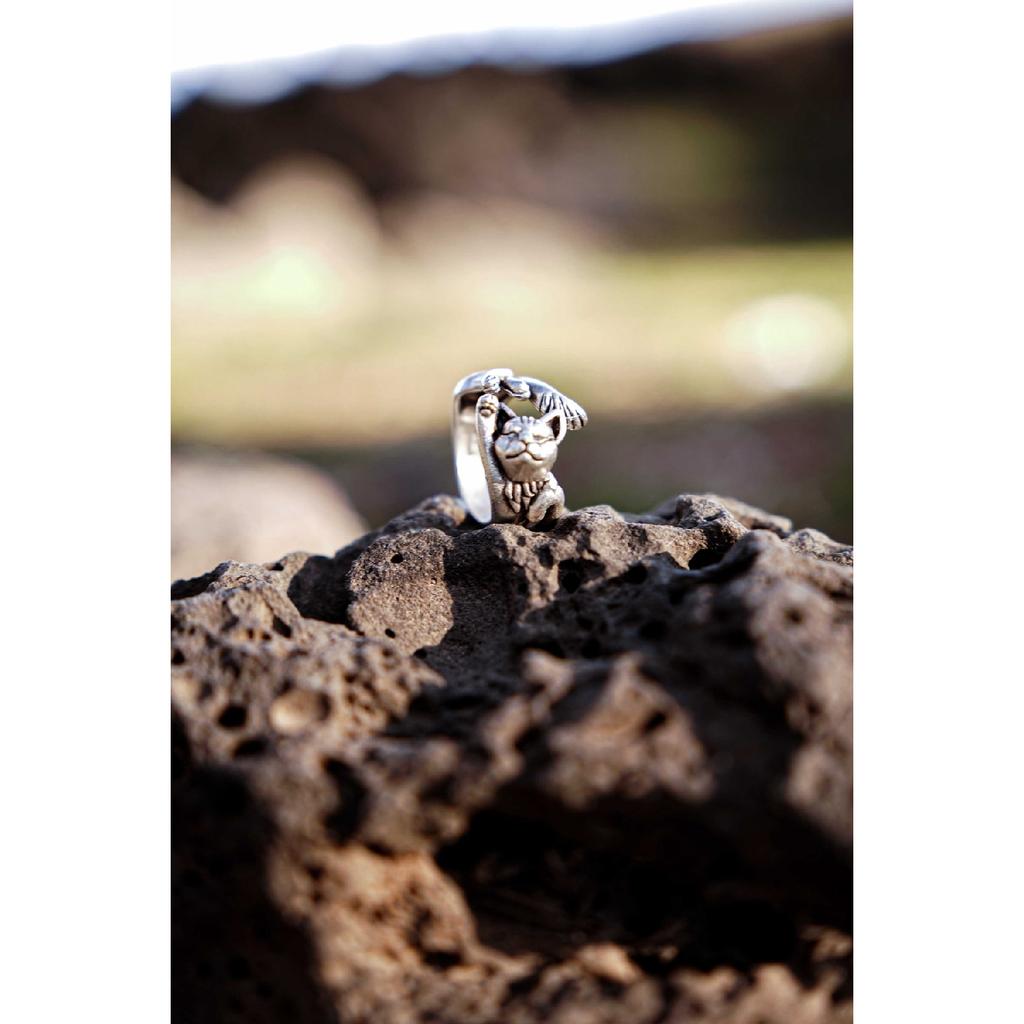Antik versilberter verstellbarer Ring in Form einer schlafenden glücklichen Katze